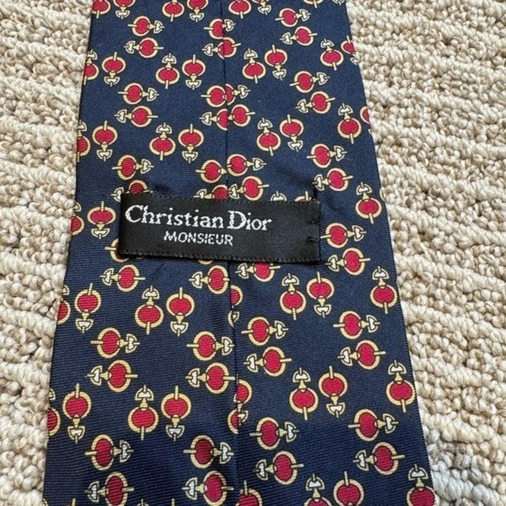 Christian Dior Monsieur Silk Tie‎ Navy Blue Red Gold Geometric Medallion Vintage